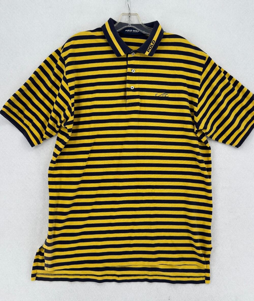 Vintage 1990s Polo Golf Ralph Lauren Yellow Navy Blue Striped Polo Shirt Sz XL